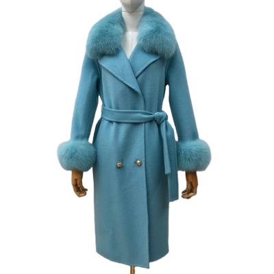 China New Women Anti-wrinkle Drop Pocket Pea Face Coat Double Breasted Genuine Wool Fur Collar Ditch Coat for sale