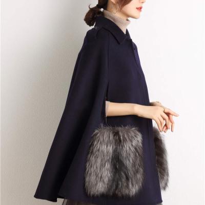 China luxury Anti-wrinkle double sided plus size wool coat fox fur pocket winter black wool cape coat for sale