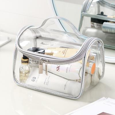 China Fashion Customized Eco-Friendly PVC Top Portable Waterproof Transparent Travel Handle CLEAR COSMETIC BAG for sale