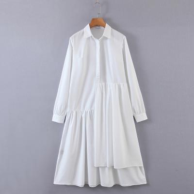 China Breathable Turn Down Collar Design Asymmetrical Casual Fall Women Long Sleeve White Fashion Dress for sale