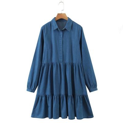 China Breathable Decline Casual Loose Collar Blue Color Design Long Sleeve Women Fault Denim Dress for sale