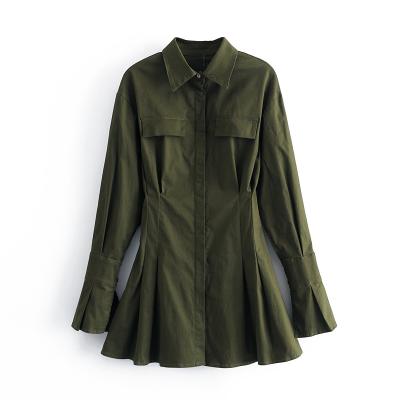 China High Fashion Design Green Color Shirt Breathable Slim Dress Women Long Sleeve Cotton Casual Dress With Pocket for sale