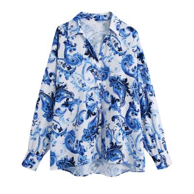 China Breathable Blue Floral Print Design High Low Button Up Blouse And Drop Tops Ladies Fashion for sale