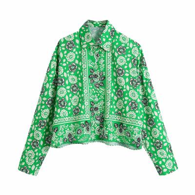 China Breathable Floral Print Green Color Turn Down Collar Drop Shoulder Button Up Women Fashion Blouse And Casual Tops for sale