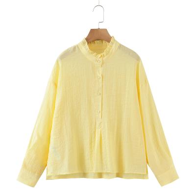 China Breathable Yellow Color Ruffled Collar Oversized Long Sleeve Womens Casual Loose Blouse And Top for sale