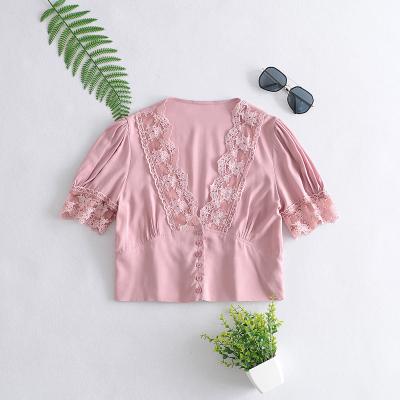 China Women Summer QUICK DRY Pink Color Lace Trim V Neck And Sleeve Button Up Blouse And Cropped Tops for sale