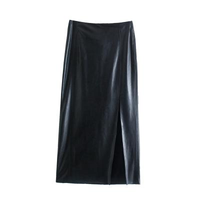 China Breathable Black Color Design Fall Elegant Side Slit Casual Leather Skirt Long For Women for sale