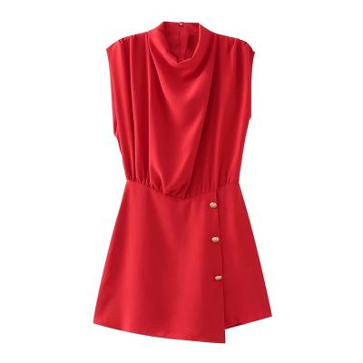 China High Fashion Design Red Color Stand Collar Breathable Side With Buttons Women Sleeveless One Piece Overalls for sale