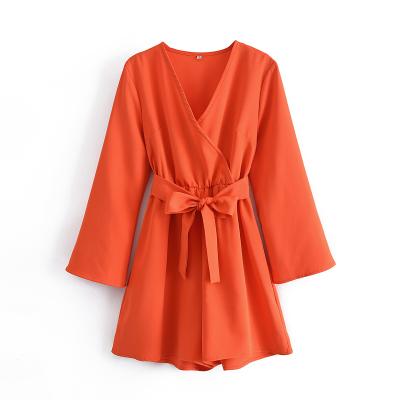 China Breathable Orange Color V Neck Flare Long Sleeve Women Fall Down Elegant One Piece Jumpsuit for sale