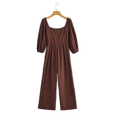 China Brown Color Square Neck Breathable Three Quarter Sleeve Wide Leg Design Women Elegant Fashion Overalls for sale