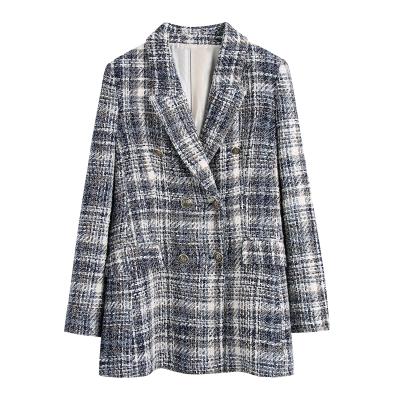 China Women Fashion Vintage Tweed Design Navy Breathable Plaid Color Long Sleeve Double Breasted Blazer Jacket for sale