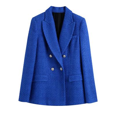 China Blue Color Breathable Long Sleeve Notched Collar Ladies Tweed Jacket Double Breasted Slim Fit Women Blazer for sale