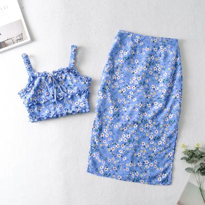 China Breathable Cute Design Blue Floral Print Crop Top With Skirt Set Women Summer Two Piece Suit for sale