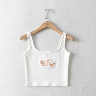 China Breathable White Color Butterfly Embroidered Women Summer Fashion Casual Cute Cotton Tank Top Crop Top for sale