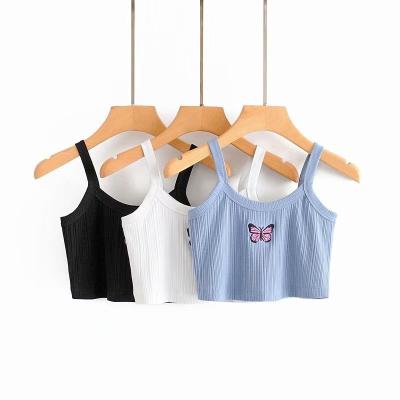 China Breathable 3 Colorway Butterfly Embroidered Women Summer Fashion Cute Casual Tank Tops Bodycon Crop Top for sale