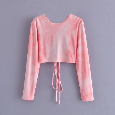 China Color Breathable Crew Neck Pink Dye Tie Long Sleeve Lace Up Women Fashion Crop T-shirt for sale