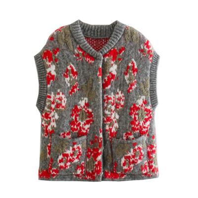 China Floral Gray Color Pattern Casual Style Women Breathable Fall Knitwear Sweater Vest With Pockets for sale