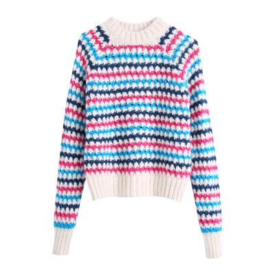 China Autumn Breathable Striped Cute Knitwear Women Long Sleeve Crew Neck Candy Color Casual Sweater for sale