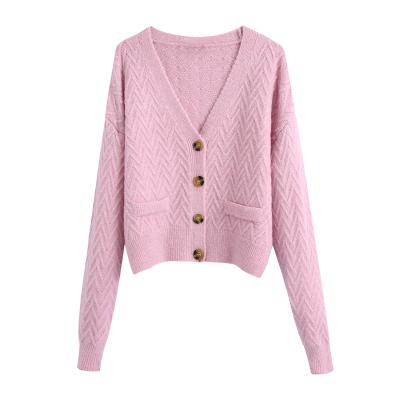 China 2 Colorway V Neck Simple Design Breathable Long Sleeve Wave Pattern Women Fall/Spring Knitwear Cardigan Sweater for sale