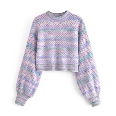 China Breathable Women Knitted Multi Color Striped Pattern Crew Neck Long Sleeve Knitted Fashion Fall Pullover Sweater for sale