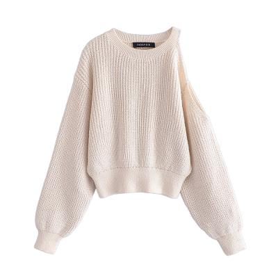 China Breathable Beige Color Long Sleeve One Side Off The Shoulder Design Knitted Pullover Women Jumper Sweater for sale