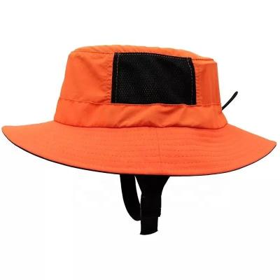 China Outdoor Water Sports Unisex Fisherman Logo Chin Adjustable Belt Beach Surf Striped Mesh Breathable Sun Bucket Hats UPF50+ for sale