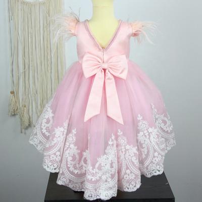 China Breathable Baby Kids Birthday Dress Feather Pink Flower Girl Dress for sale