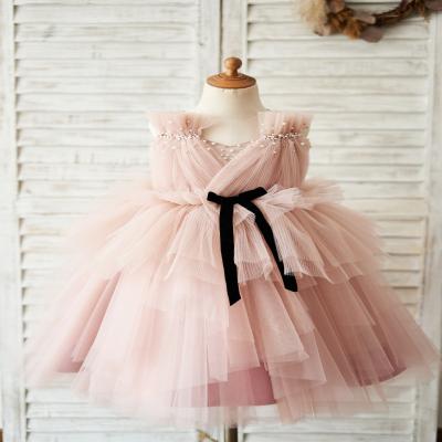 China Sweet Pink Back Zipper Ball Gowns Kids Around Neck Bridesmaid Cake Dress for sale