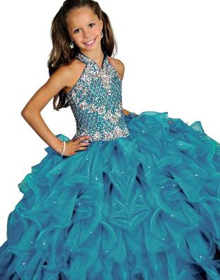 China Long Regular Kids Blue Ball Gown Pageant Prom Dress Beaded Kids Ball Gown Formal Dress for sale