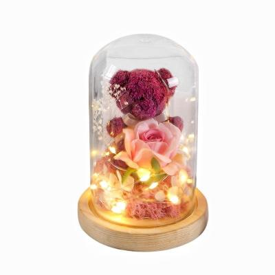 China Valentine's Day Gift Glass Cover Eternal Flower Bear Preservatives Flower For Mothers for sale