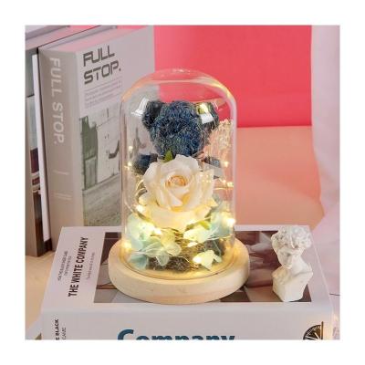 China Creative Decoration Moss Rose Glass Cover Bear Eternal Flower for Wedding Festival for sale