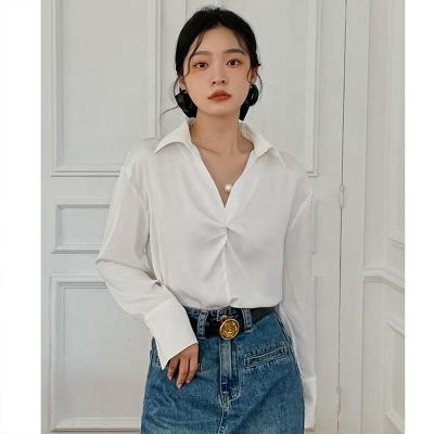 China Hanna Fall Stylish Female Women's Clothing Anti-wrinkle blouses twist tie shirts v neckline loose work korean blouse white women tops for office for sale