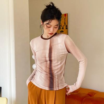 China Hanna Print Pullover Women Elastic breathable Mesh Blouses Slim Bottoming Long sheathed top shirt new high quality slim stretch blouse for sale