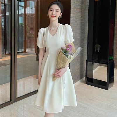 China Hanna Simple Ladies Sleeveless Dress Breathable V-Neck High Waist Solid Color Solid Color Waist Swing Edge Short Casual Slim Dresses for sale