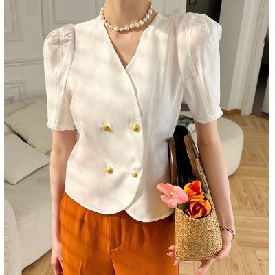 China Hanna Summer Cheap Wholesale New Viable V-Neckline Double Row Buttons Simple Elegant Puff Sleeve Blouse Shirts Elegant Women Shirts for sale