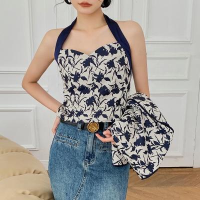 China Hanna Fashionable Sexy Women Floral Breathable Crop Halter Top Vest With Zipper Polyester Casual Jacquard Basic Women's Tank Tops Wholesale for sale