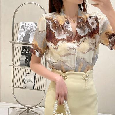 China Hanna Artist Chiffon Printed Summer Women Office Blouse Breathable Pink/Yellow Elegant Sweater Custom Top Shirt For Work for sale