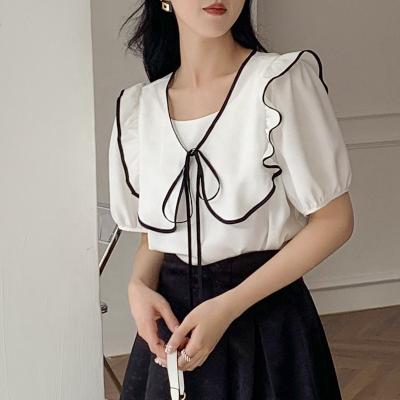 China Hanna New Arrivals Simple Korean Chiffon Ruffle O Neck Sleeve Women Breathable Office Short Blouse Elegant Shirt for sale