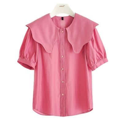 China Ruffle Breathable Korean Simple Collar Style Summer Short Sleeve Blouse For Lady Straight Women Solid Color Office Cardigan Shirt for sale