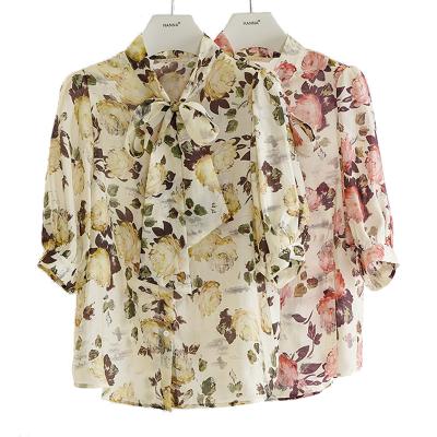 China 2022 Breathable Newest Vintage Bow Collar Flowers Floral Blouse Summer Women Elegant Polyester Printed Shirt For Work for sale