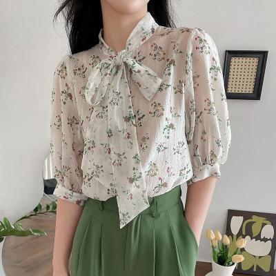 China Hanna Classic Simple French Style Breathable Ladies Polyester Floral Print Office Wear Lace Up Bow Blouses Shirts Women for sale