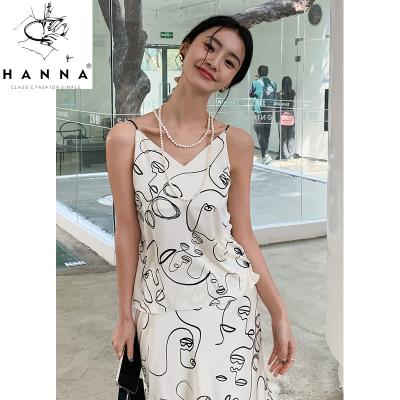 China 2022 Late Summer Women Breathable Casual Two Piece Set Graffiti Pattern Camisole Slip Tops + Midi Skirt Unique Sets for sale