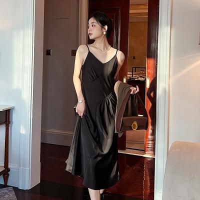 China Hanna Black Sleeveless Breathable Satin Long dresses party night women ruched elegant adjustable straps V-neck sexy slip dress inner women for sale