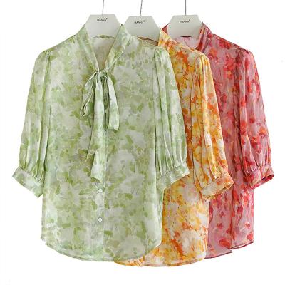 China High Quality Breathable Summer Shirt Bow Puff Sleeve Ladies Blouses Polyester Loose Floral Print Tops For Women 2022 for sale