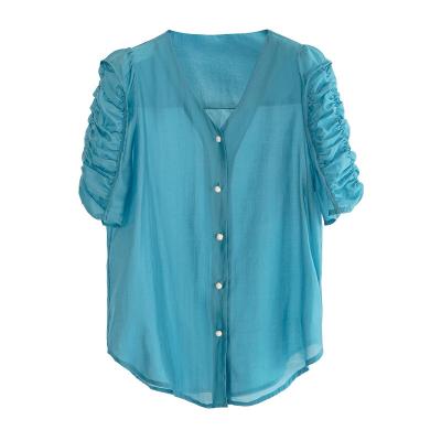 China Latest Fashion Breathable V-Neck Polyester Ladies Shirts Summer Puff Sleeve Women Blouses Office Full Wholesale for sale