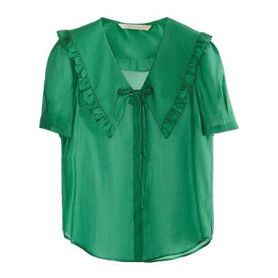 China Breathable Korean Soft Polyester Loose V-Neck Tops Peter Pan Collar Ruffle Bow Women Blouses Solid Color Short Sleeve Summer Shirt for sale