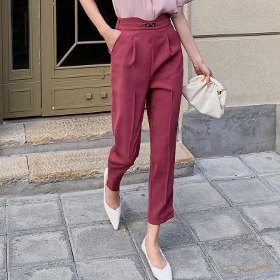 China Hanna Slim Fit Business Suits Breathable Pants Lady Straight Formal Women High Waist Office Trousers With Metal Buckle Black/White for sale