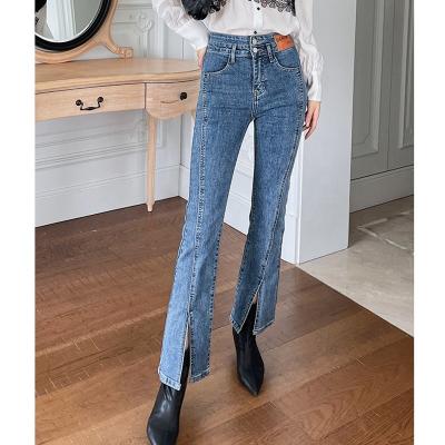 China Breathable Hanna 2022 Autumn high waist black blue ladies where friend split jeans pants pants with pocket women flare skinny denim pants jeans for sale