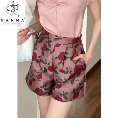 China Hanna Summer New Korean Retro Breathable Style Rose Flower Floral Print Women Shorts A Line Loose Breathable Casual Shorts for sale