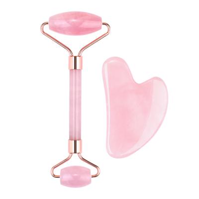 China Custom Authentic Quality 100% Natural Stone High Logo Anti Aging Facial Massage Tools Whitening Rose Quartz Jade Roller Gua Sha Set for sale